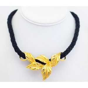 18 inch, Vintage Gold Tone Leaves Black Lace Necklace - A25